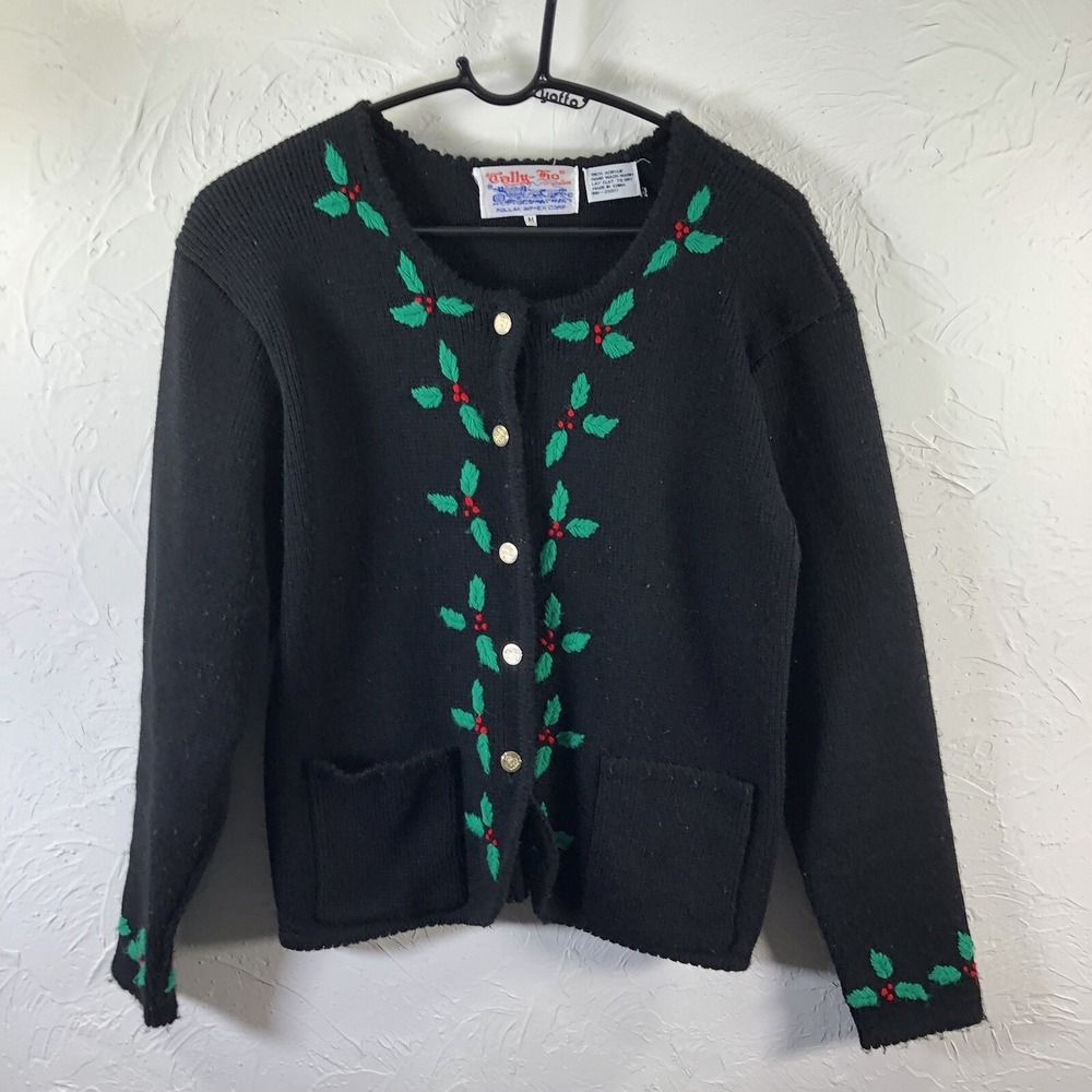 Tally-Ho Creation Pollak Imp-Ex Corp. Holly Christmas Cardigan Sweater Medium